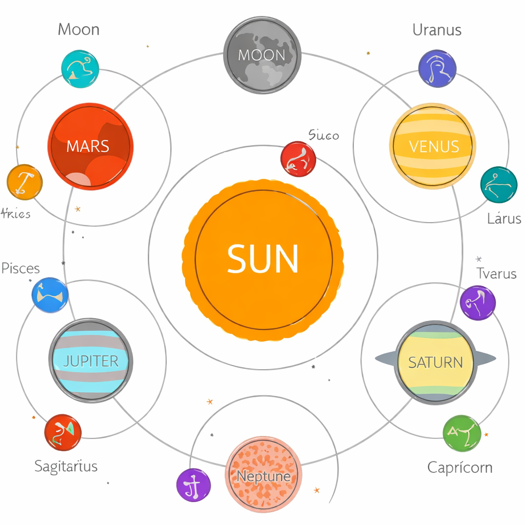 Illustrated astrology chart showing the Sun at the center with planets and zodiac signs orbiting around it