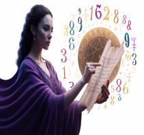 Illustration of a woman reading a scroll with numerology symbols and astrology elements