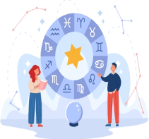 Illustration of astrology symbols with people consulting zodiac signs for guidance