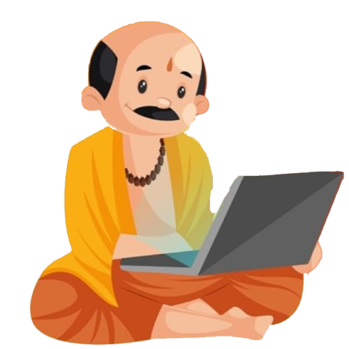 Cartoon illustration of an Indian astrologer sitting cross-legged and using a laptop