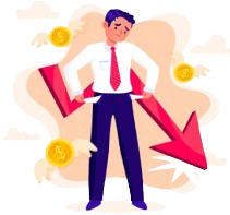 Illustration of a stressed man with falling graph and coins, representing financial loss and money problems