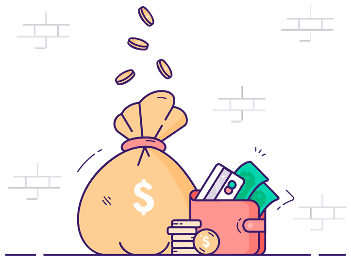 Illustration of a money bag, wallet and coins representing financial wealth and savings